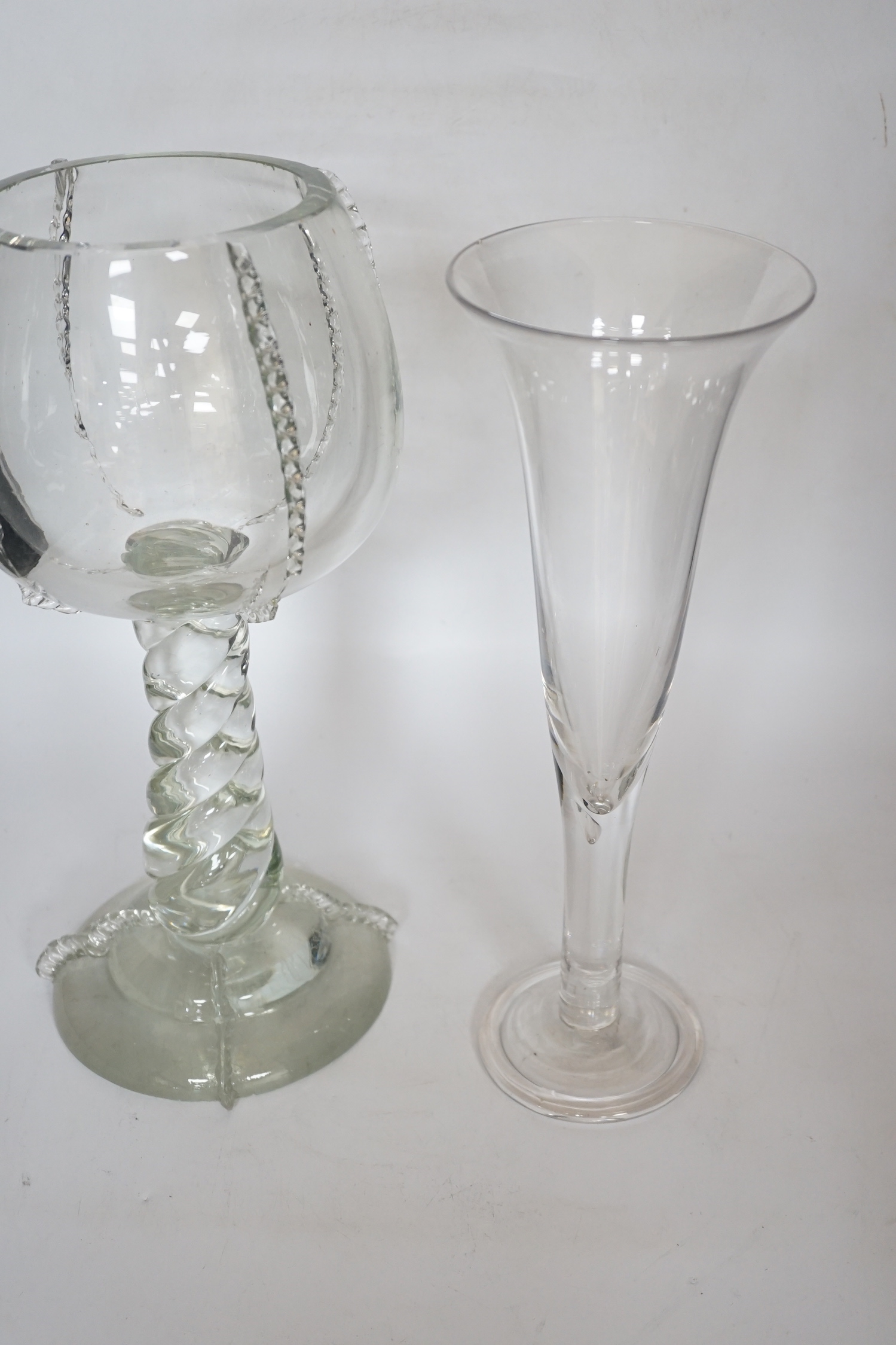 A large glass centrepiece and a tear drop trumpet shaped vase, 38cm
